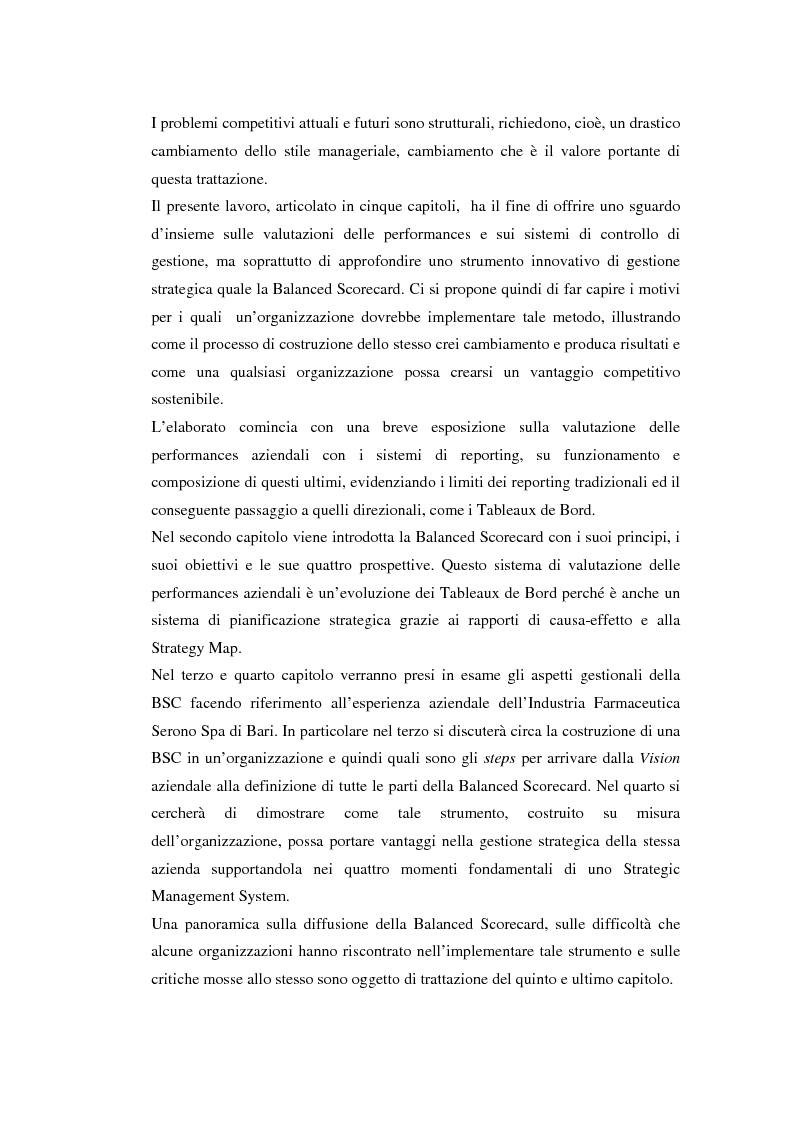 Anteprima della tesi: Valutazione delle performances e Balanced Scorecard. Aspetti gestionali: il caso ''Serono'', Pagina 2