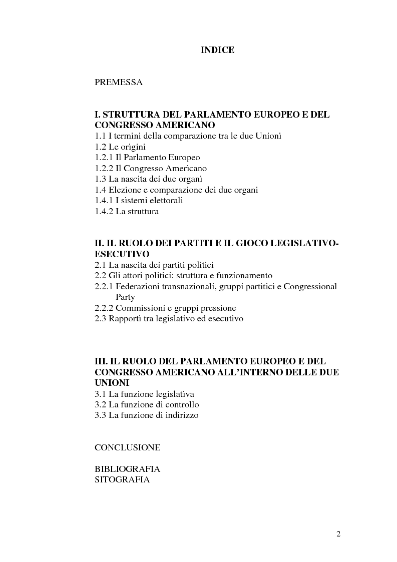 Indice della tesi: Il Parlamento: una comparazione tra il sistema statunitense e l'Unione Europea, Pagina 1