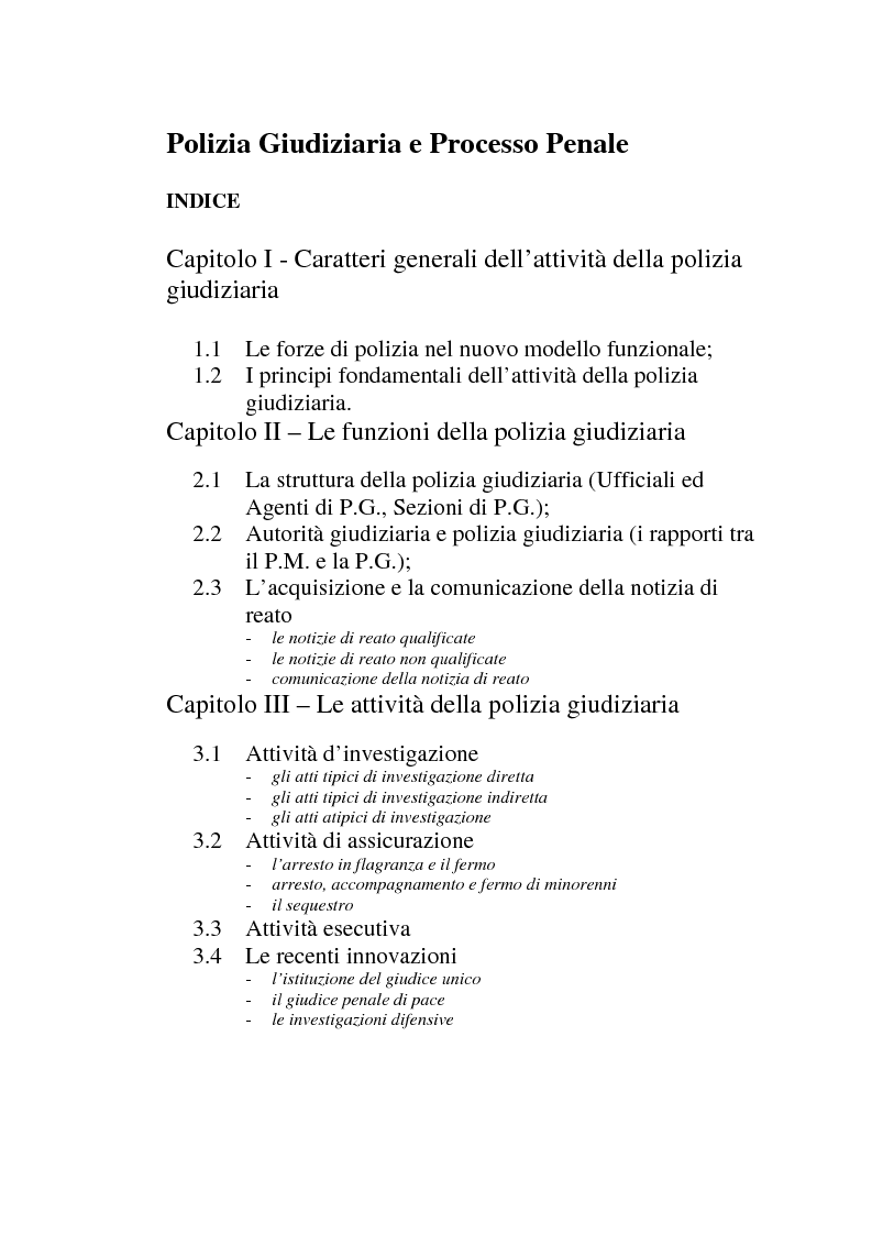 Indice della tesi: Polizia Giudiziaria e Processo Penale, Pagina 1