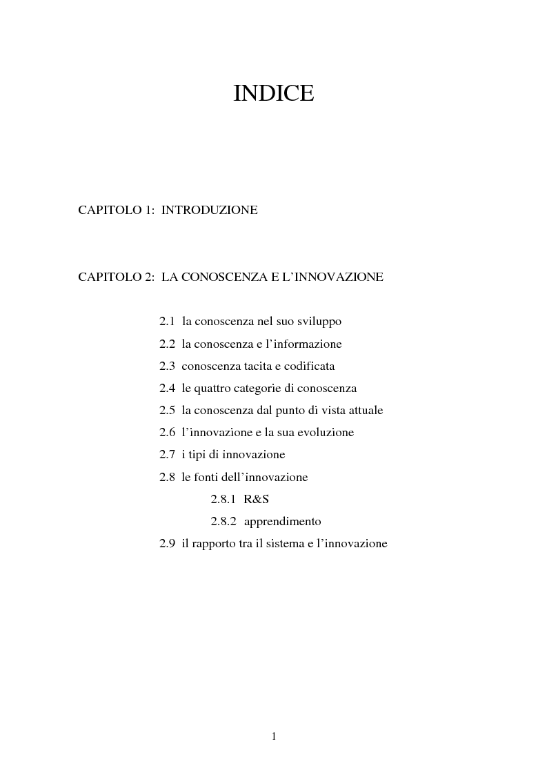 Indice della tesi: La valorizzazione della ricerca e la creazione d'impresa innovativa: gli spin off universitari, Pagina 1