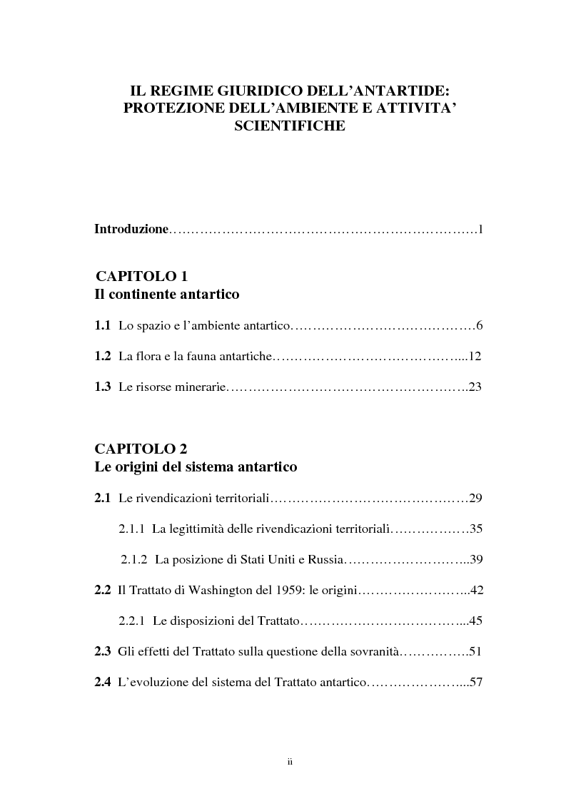 Indice della tesi: Il regime giuridico dell'Antartide: protezione dell'ambiente e attività scientifiche, Pagina 1