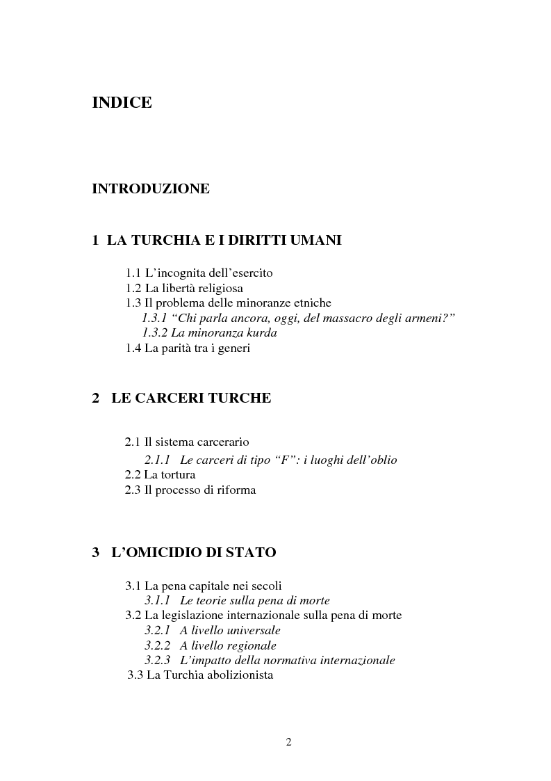 Indice della tesi: La pena di morte e i diritti umani nelle carceri turche. L'importanza delle relazioni con l'Unione Europea., Pagina 1