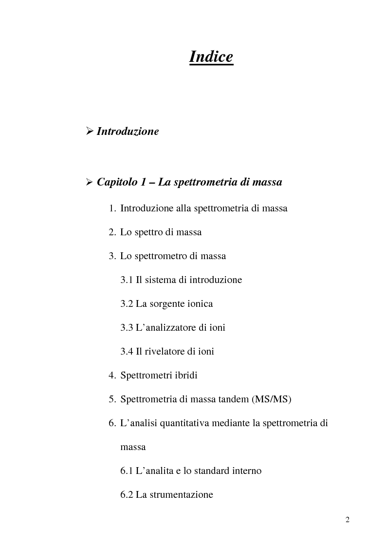 Indice della tesi: Determinazione quantitativa di rotenone in olivicoltura biologica mediante spettrometria di massa, Pagina 1