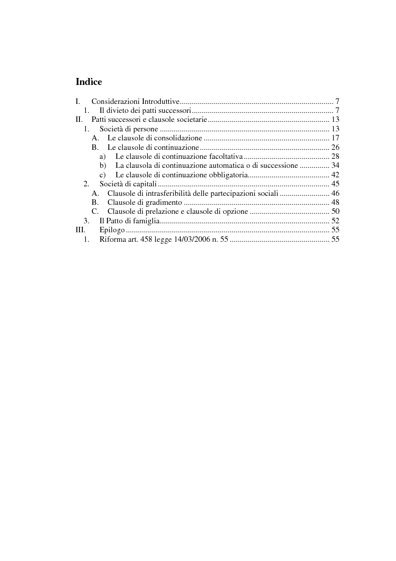 Indice della tesi: Il divieto dei patti successori nel diritto societario, Pagina 1