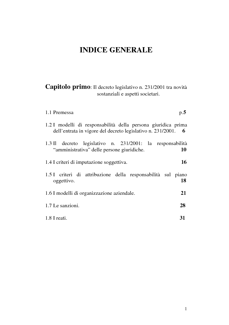 Indice della tesi: Profili civilistici del Decreto Legislativo n.231/2001, Pagina 1