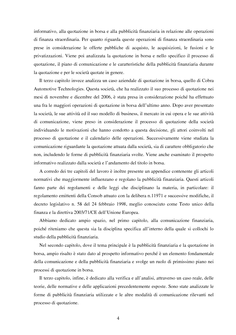 Anteprima della tesi: Pubblicità finanziaria e quotazione in borsa. Il caso Cobra Automotive Technologies., Pagina 2