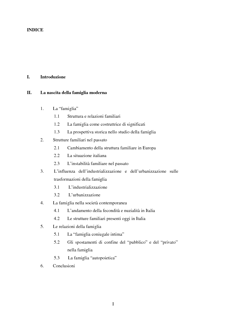 Indice della tesi: Dinamiche generazionali e nuovi cicli di vita familiare. La famiglia lunga del giovane adulto: invecchiare come figli., Pagina 1