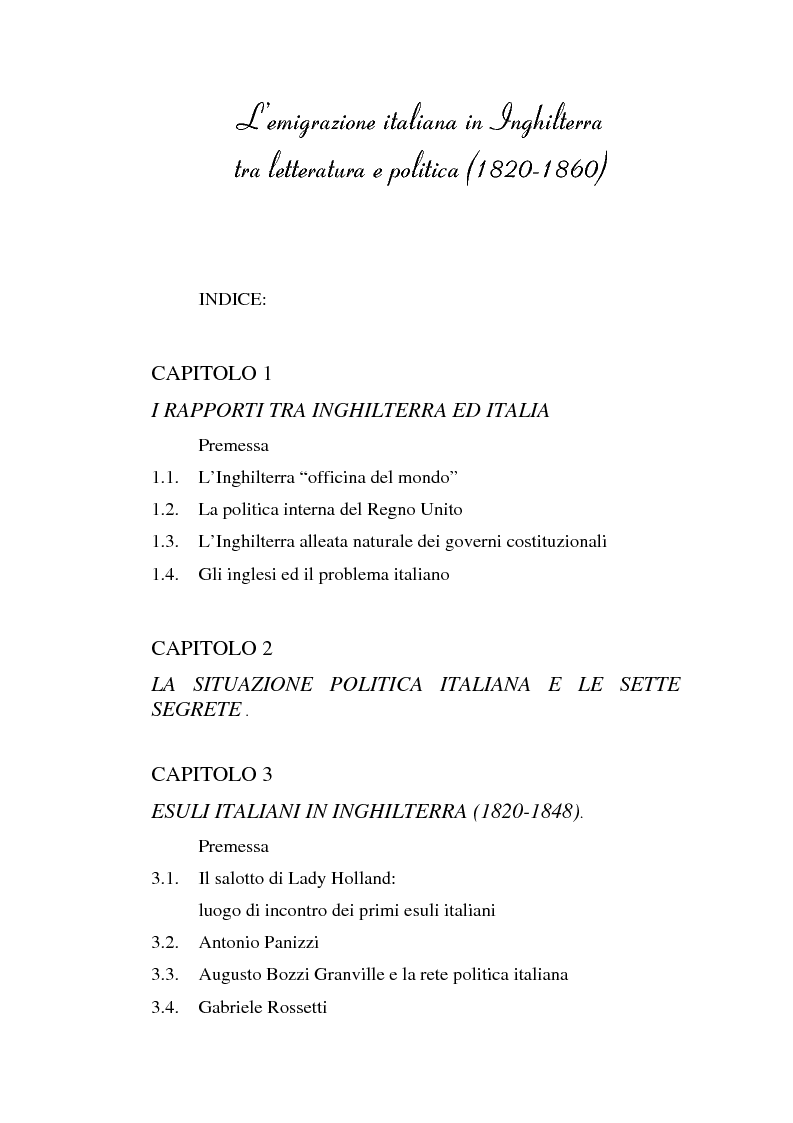 Indice della tesi: L'emigrazione italiana in Inghilterra tra Letteratura e Politica (1820-1860), Pagina 1