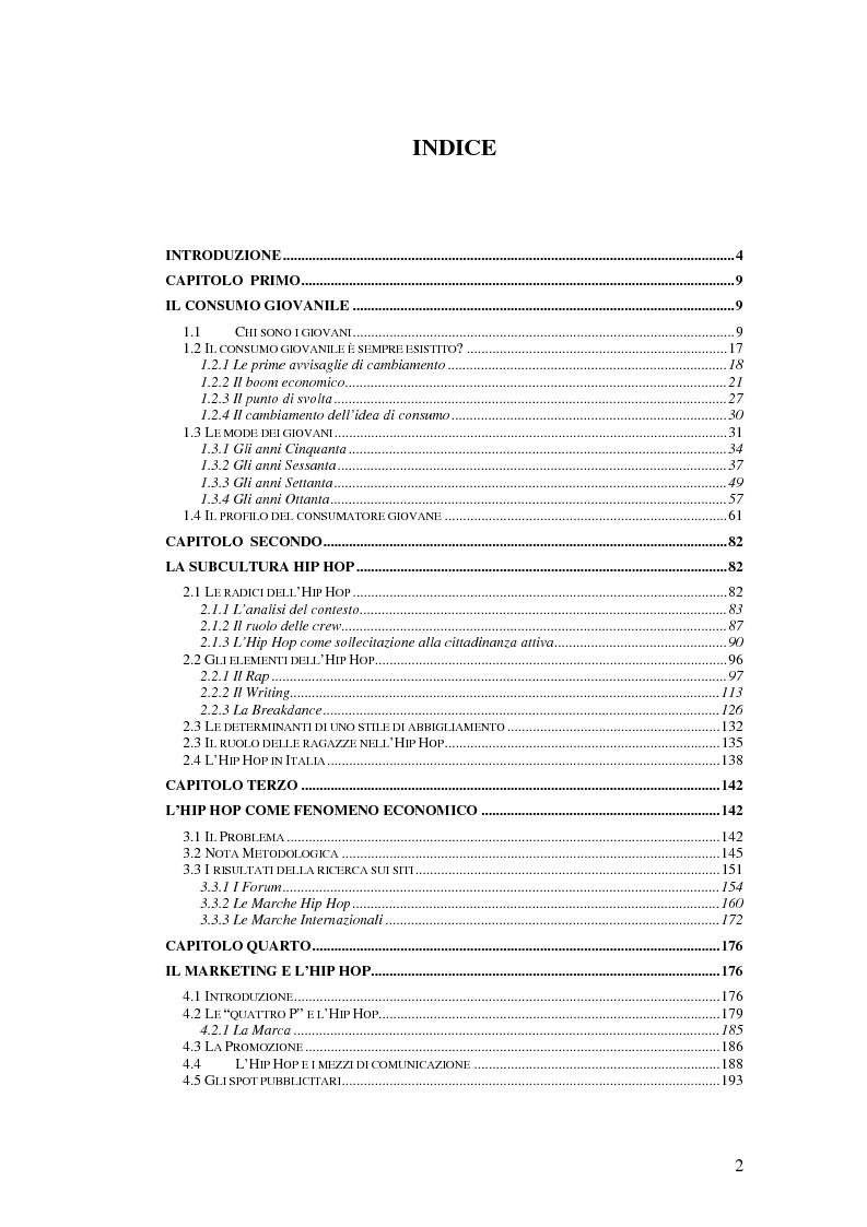 Indice della tesi: L'Hip Hop: da subcultura giovanile a fenomeno di business, Pagina 1