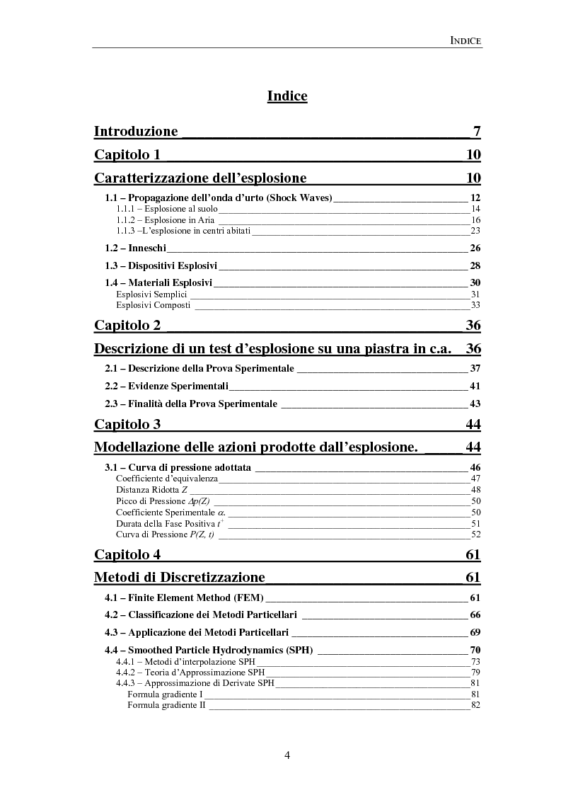 Indice della tesi: Modellazione Numerica di Elementi Strutturali Sottoposti a Carichi da Esplosione, Pagina 1
