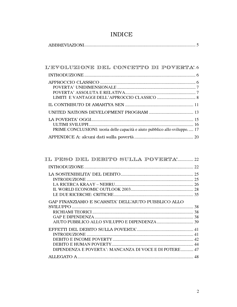 Indice della tesi: Le politiche della Banca Mondiale sulla povertà nei paesi in via di sviluppo, Pagina 1