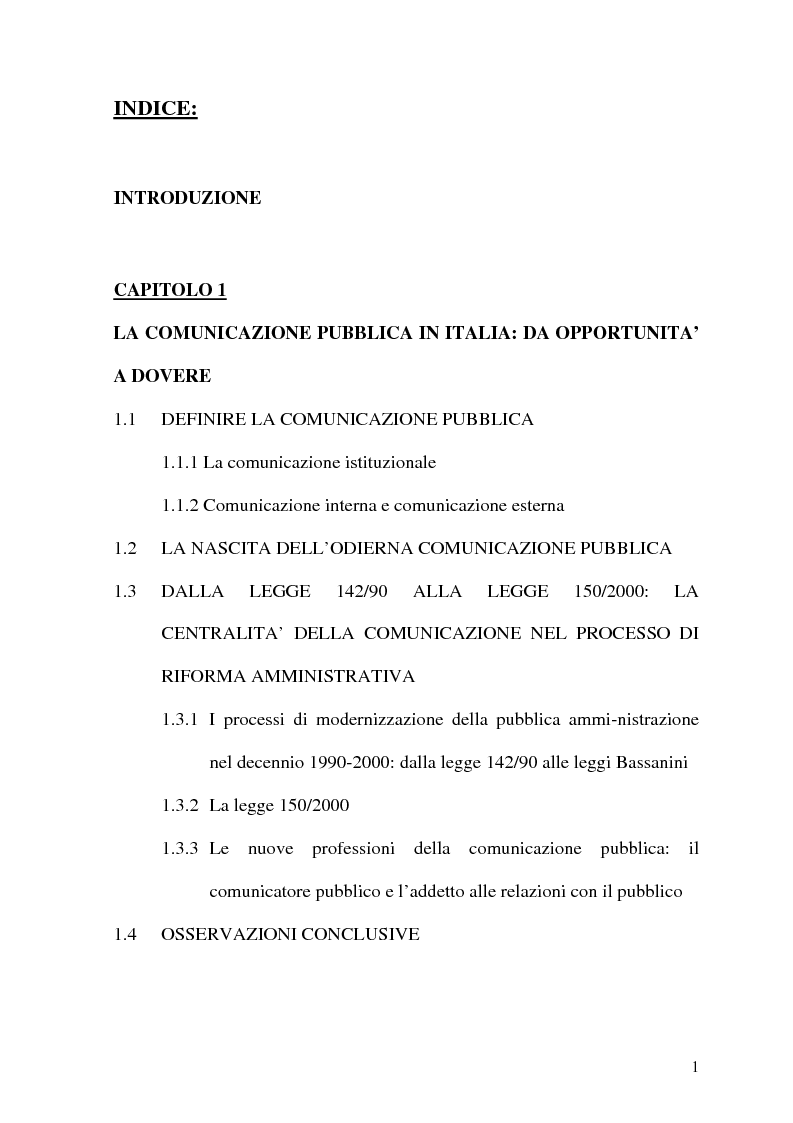Indice della tesi: Un documento di programmazione regionale come problema di comunicazione. Il caso del DOCUP della Regione Umbria, Pagina 1