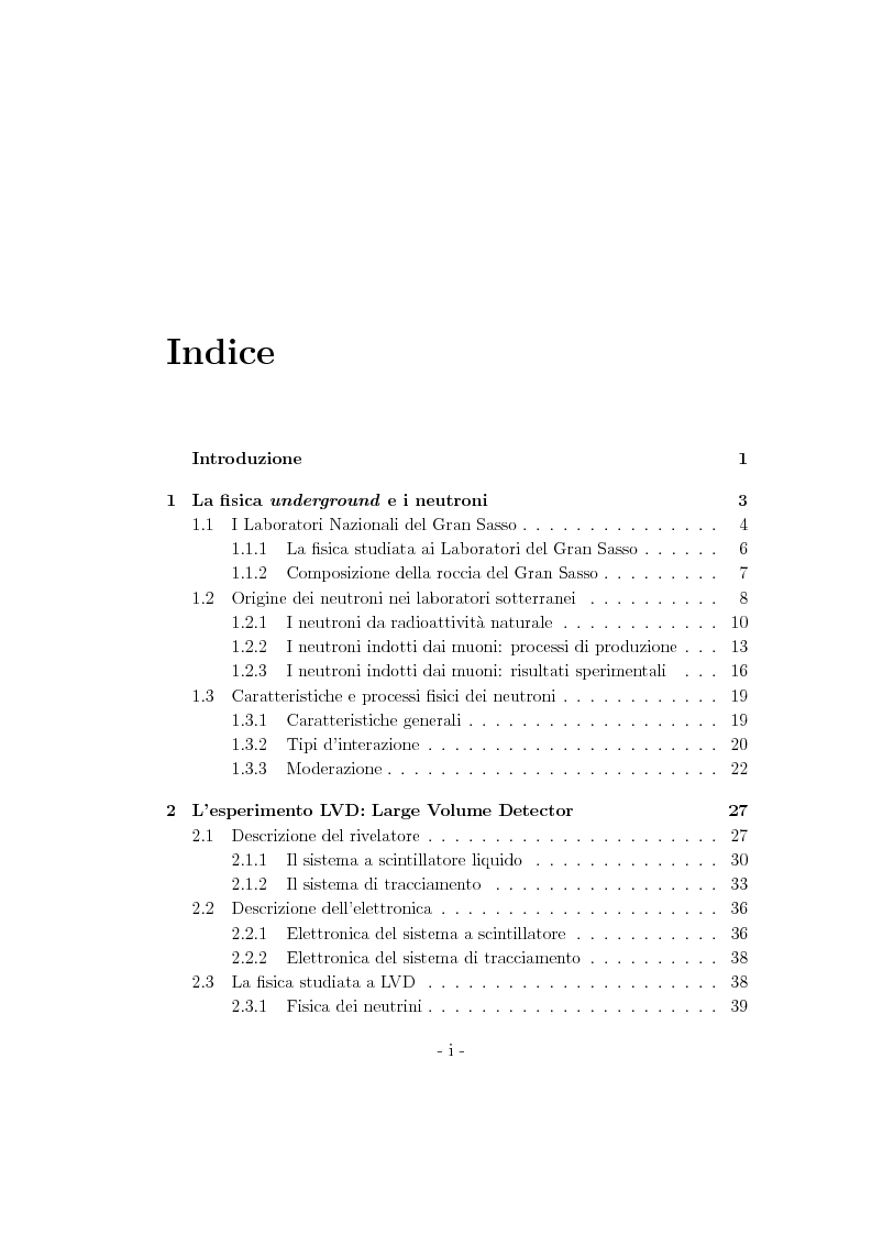 Indice della tesi: Studio del flusso di neutroni indotto dai muoni cosmici nei LNGS con l'esperimento LVD, Pagina 1