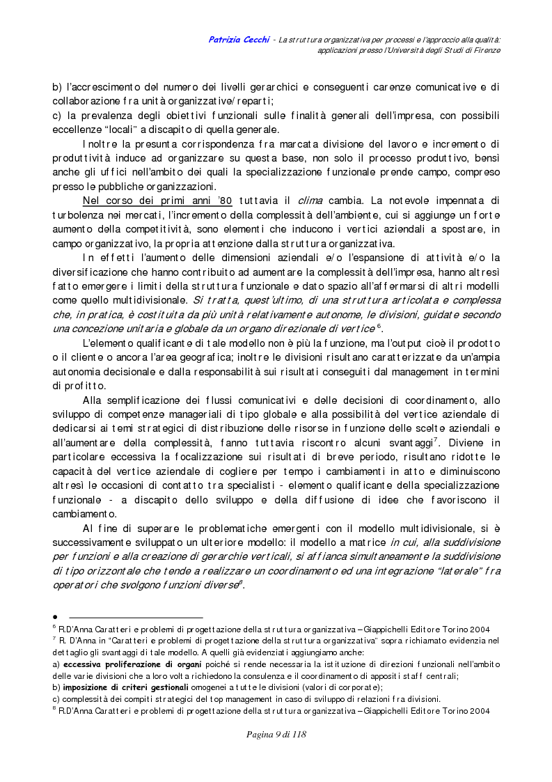 Anteprima della tesi: La struttura organizzativa per processi e l’approccio alla qualità: applicazioni presso l’Università degli Studi di Firenze, Pagina 5