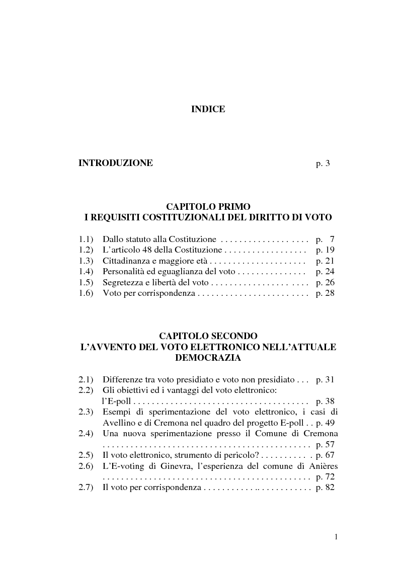 Indice della tesi: Legge elettorale, voto per corrispondenza e nuove tecnologie, Pagina 1