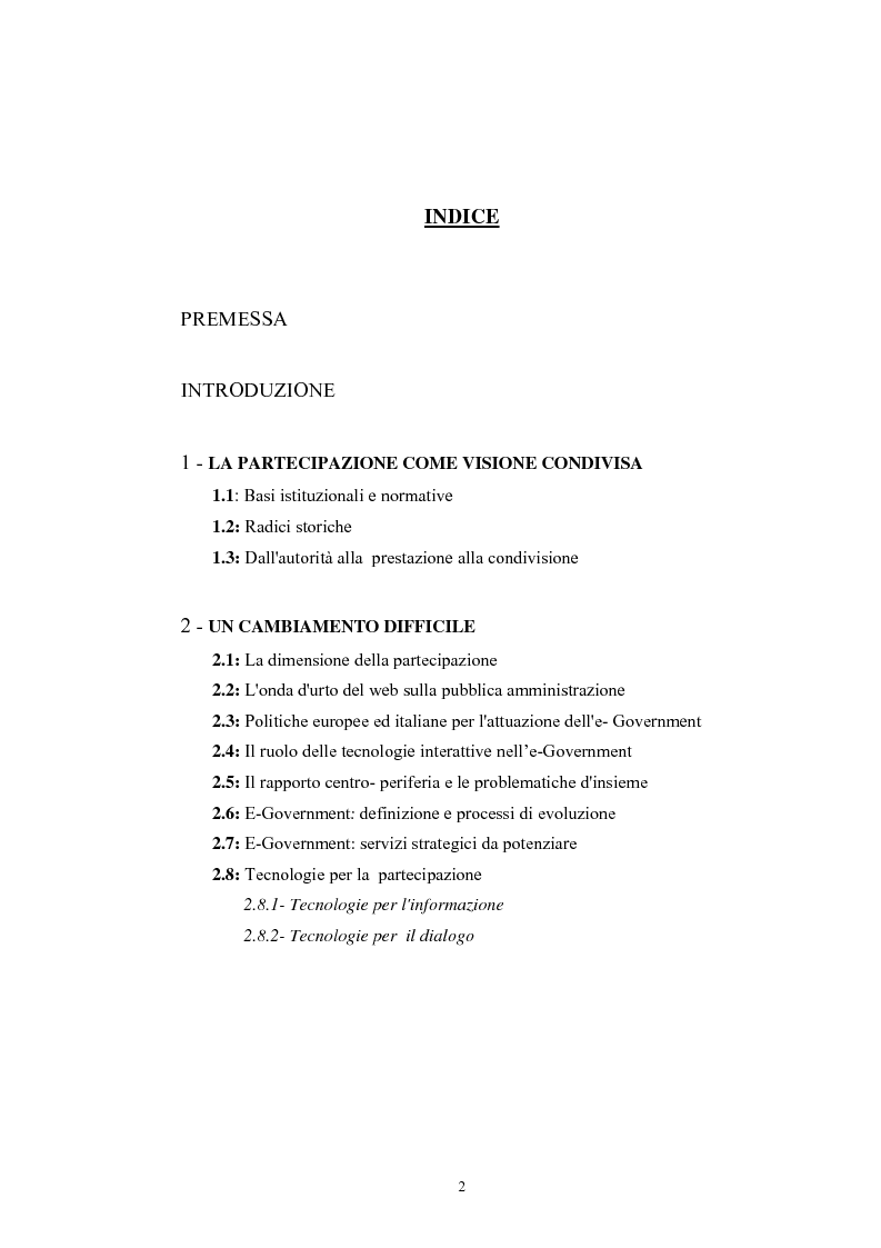 Indice della tesi: Pubblica amministrazione e partecipazione. Quale amministrazione e per quale partecipazione., Pagina 1