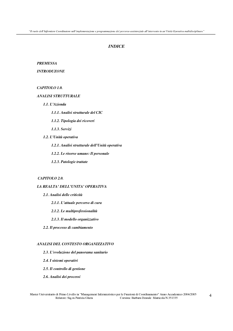 Indice della tesi: Il ruolo dell'infermiere coordinatore nell'implementazione e programmazione del percorso assistenziale all’intervento in un'unità operativa multidisciplinare, Pagina 1