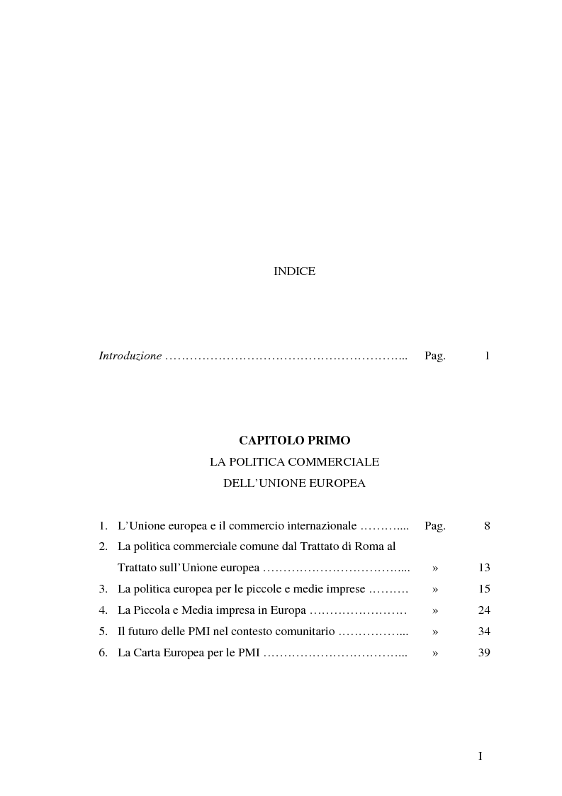 Indice della tesi: La disciplina degli aiuti alle piccole e medie imprese nell'Unione Europea, Pagina 1