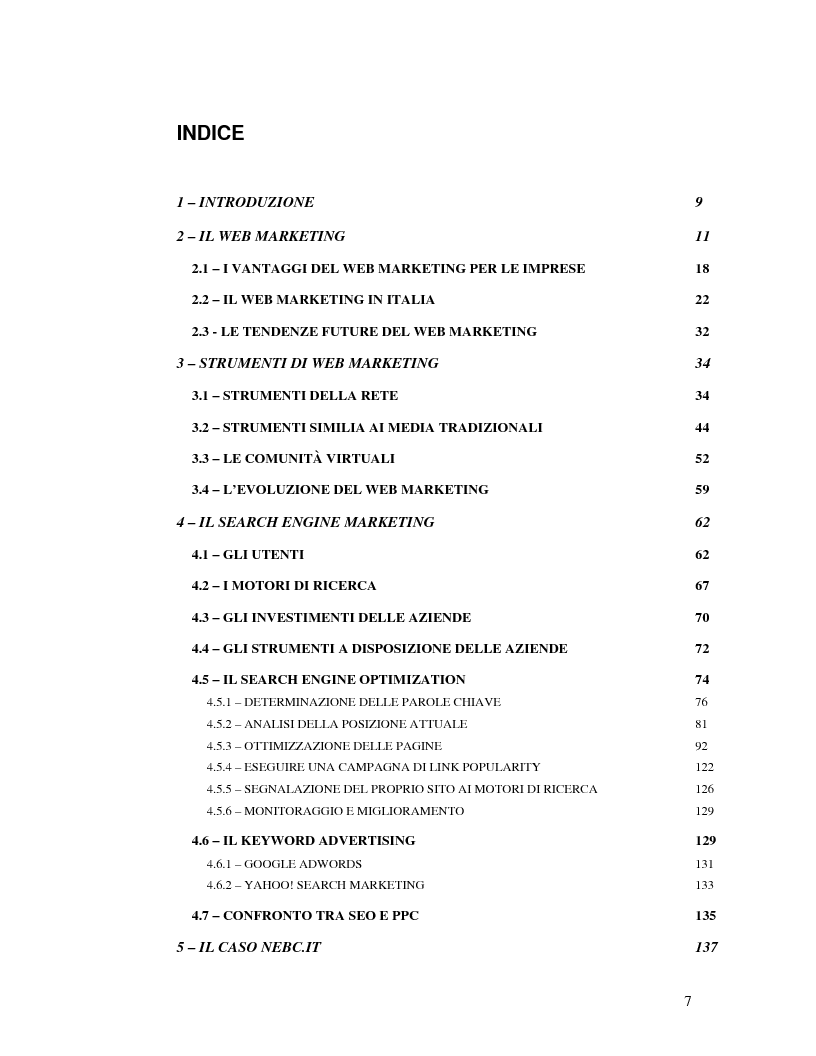 Indice della tesi: Il web marketing in italia e gli strumenti a disposizione delle imprese. Applicazione reale di search engine marketing, Pagina 1