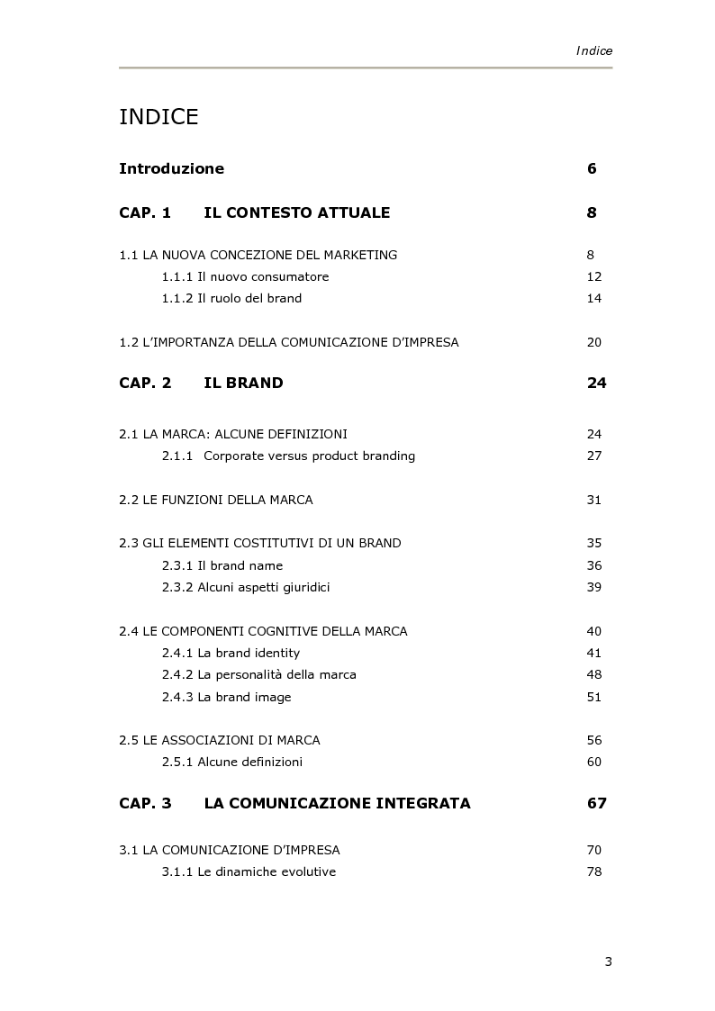 Indice della tesi: La comunicazione integrata come fonte dell’immagine di marca. Una verifica empirica: il caso Barilla., Pagina 1