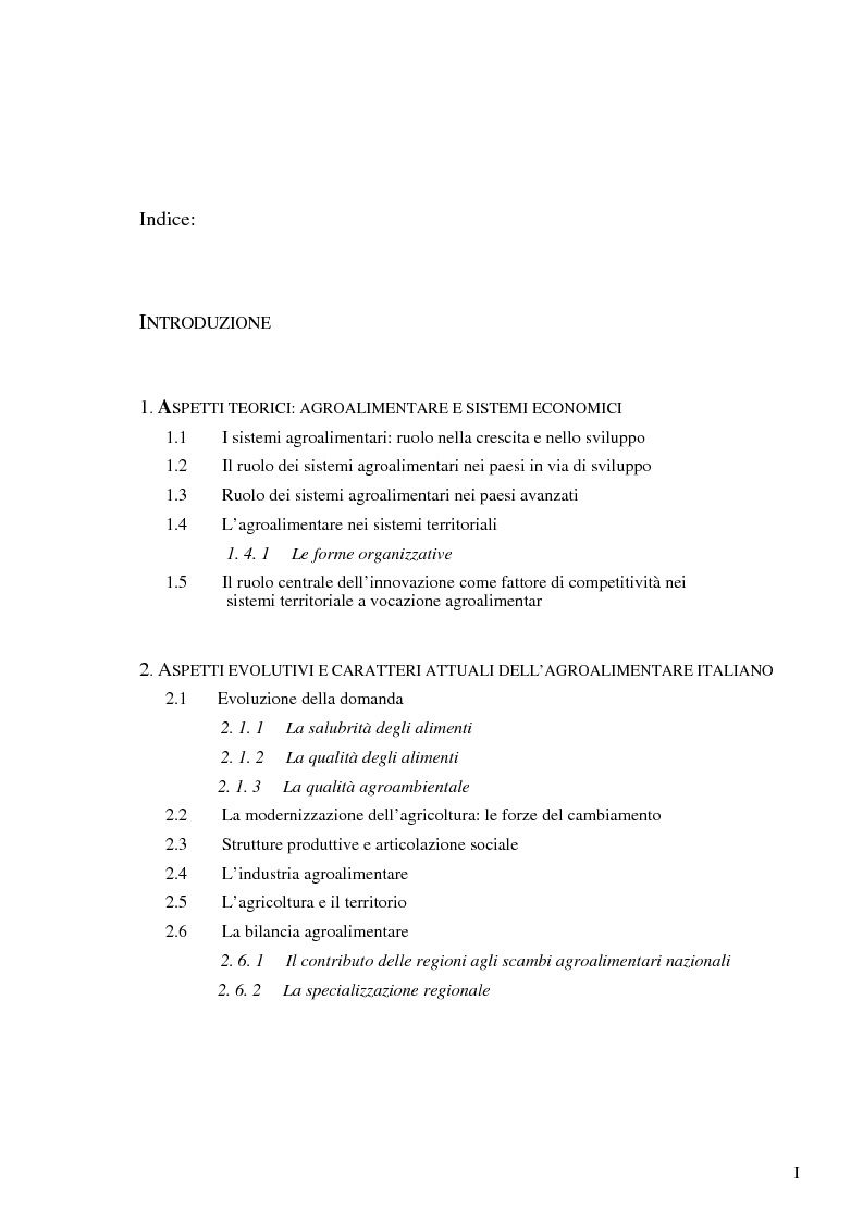 Indice della tesi: Innovazione e competitività nei sistemi agroalimentari: il ruolo delle politiche dell'Unione Europea, Pagina 1