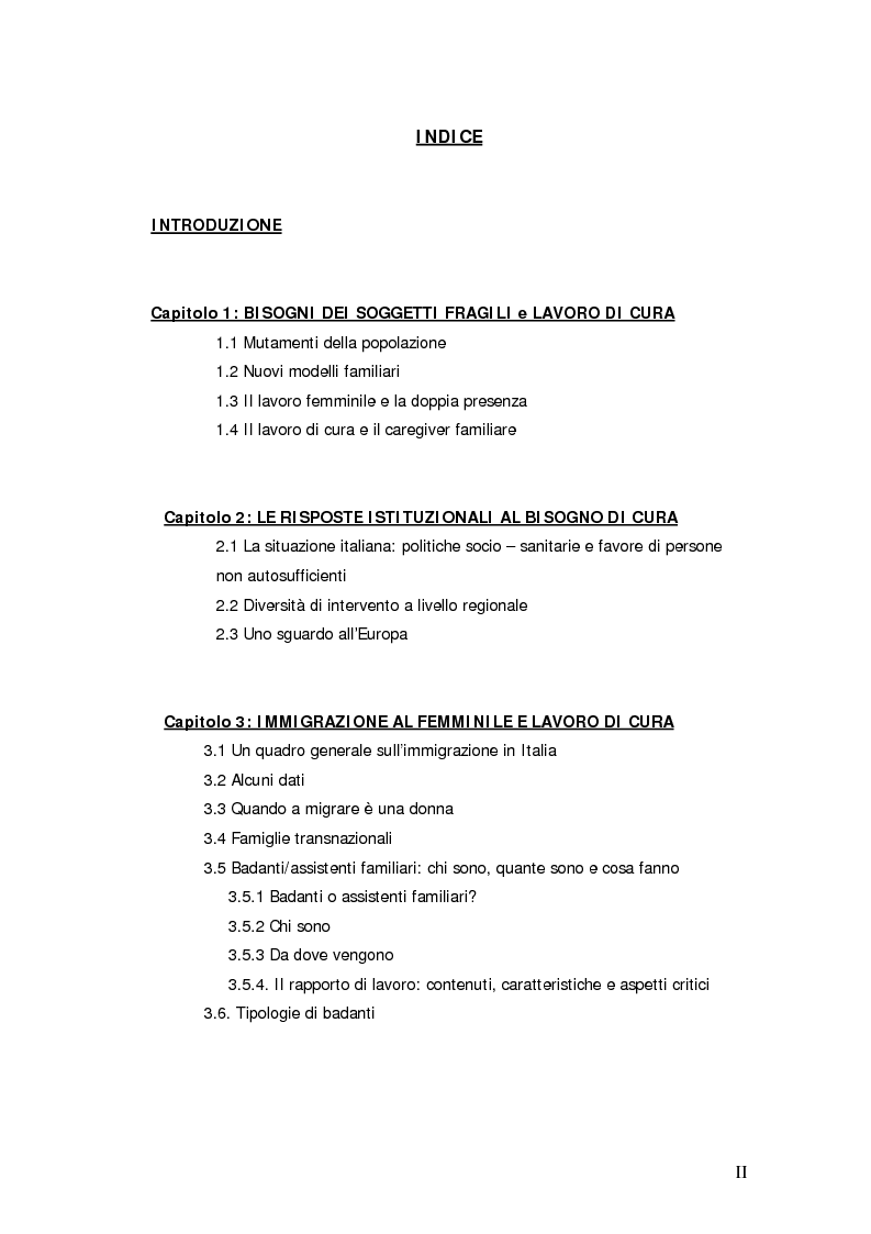 Indice della tesi: Lavoro di cura domiciliare e immigrazione femminile: quali prospettive di politica sociale?, Pagina 1