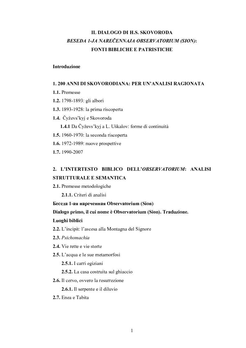 Indice della tesi: Il dialogo di H.S. Skovoroda ''Beseda 1-ja narecennaja Observatorium (Sion)'': fonti bibliche e patristiche, Pagina 1