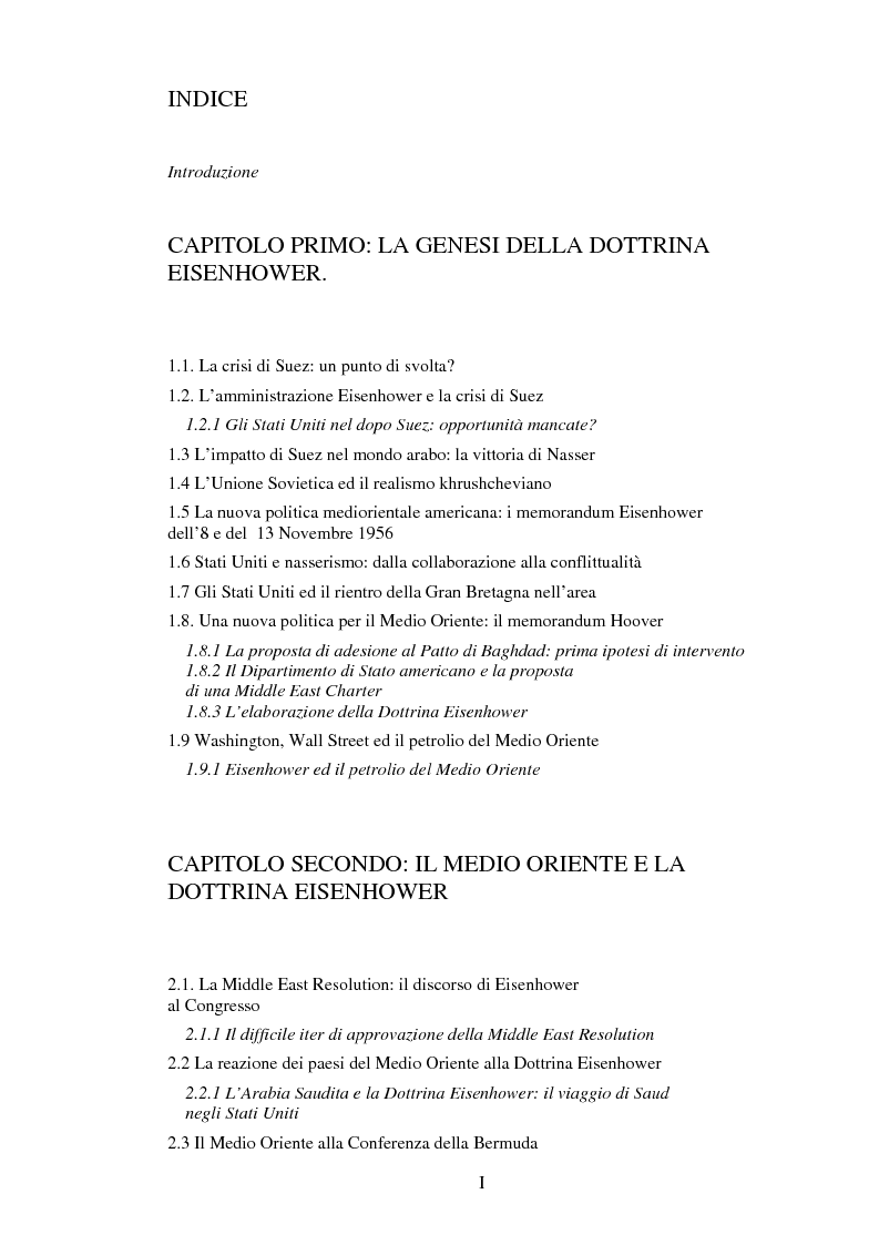 Indice della tesi: La Dottrina Eisenhower Genesi e Sviluppi 1956 - 1958, Pagina 1