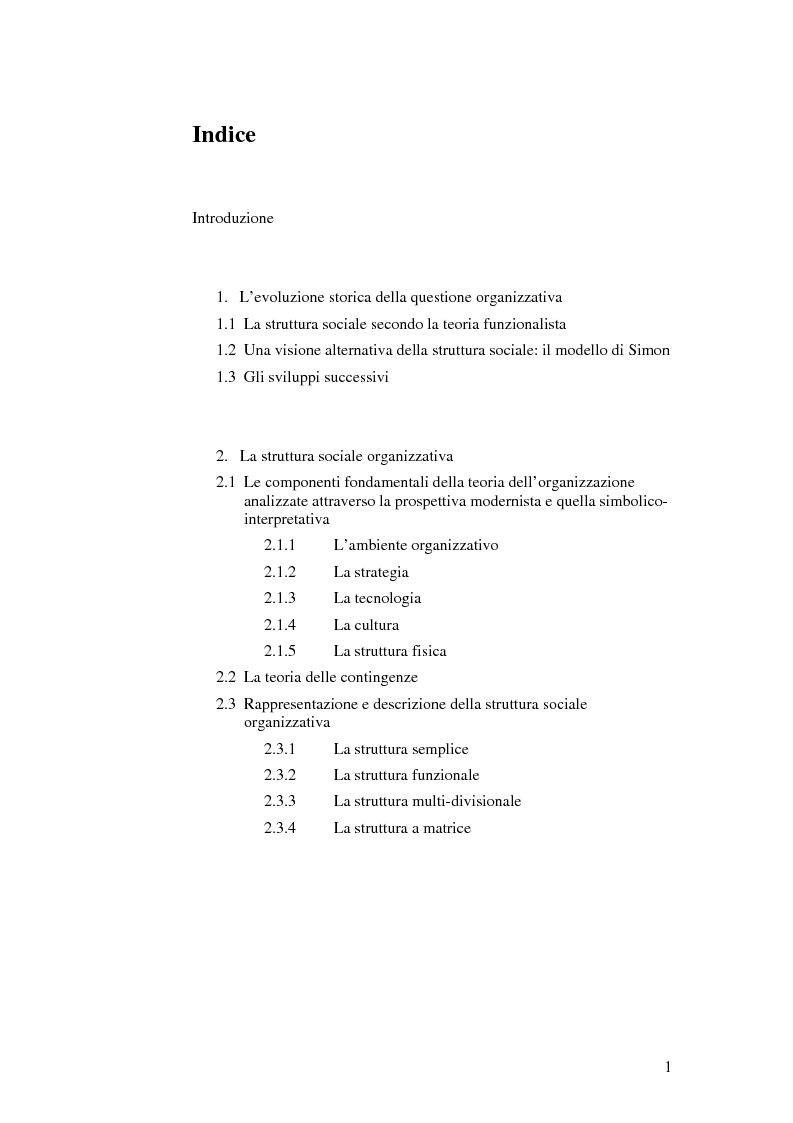Indice della tesi: La struttura sociale organizzativa, Pagina 1