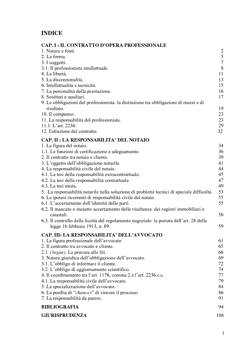 Indice della tesi: La responsabilità del notaio e dell'avvocato, Pagina 1