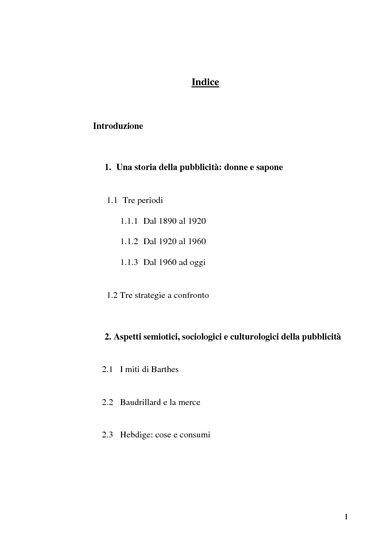 Indice della tesi: Il ruolo della donna nella pubblicità, Pagina 1