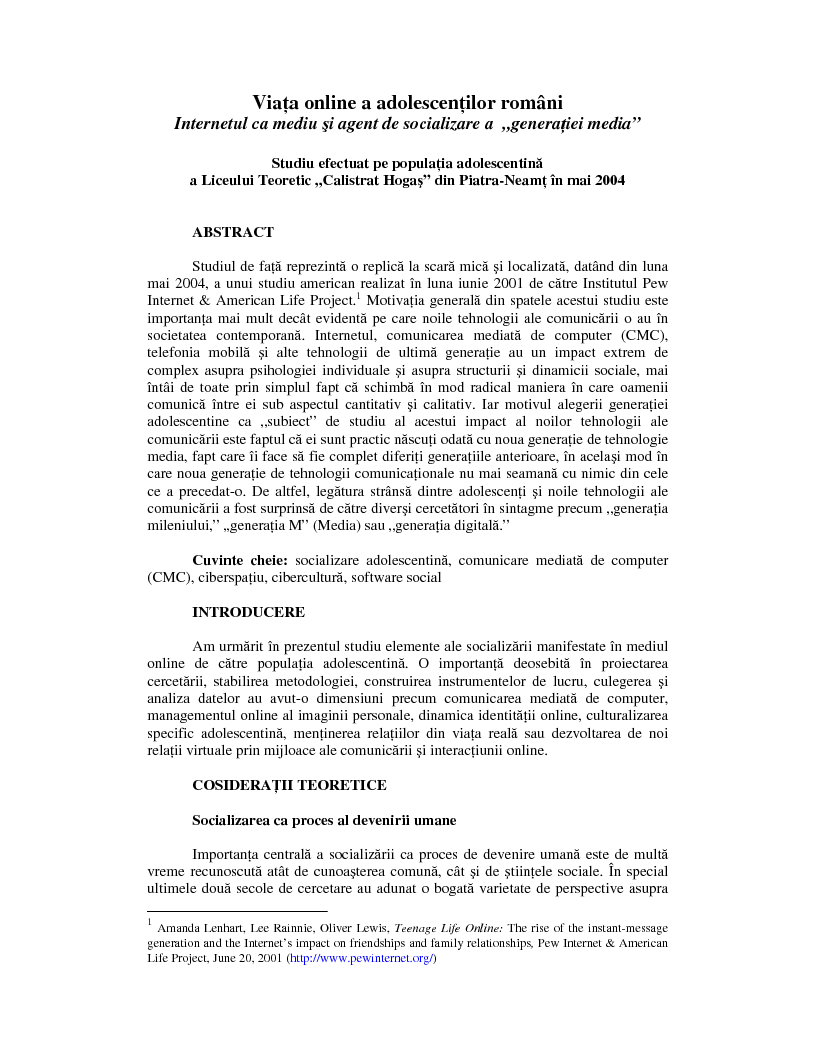 Anteprima della tesi: Romanian Teens Online, Pagina 1