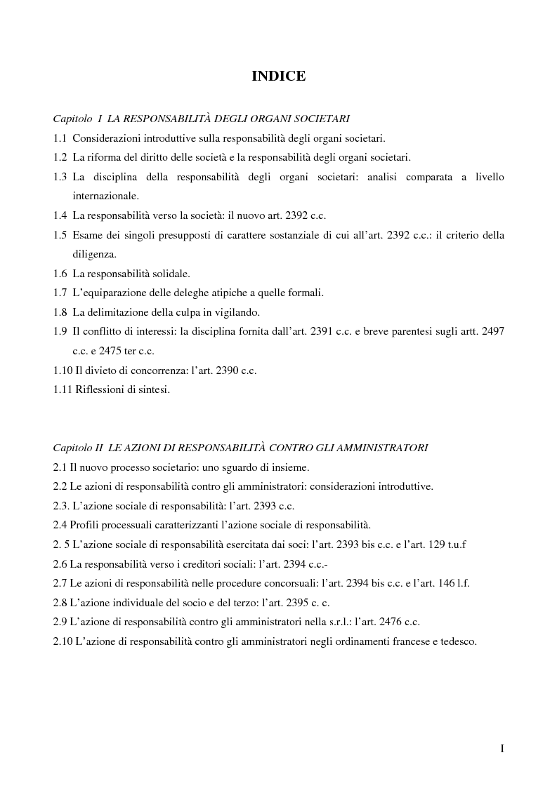 Indice della tesi: Le azioni di responsabilità: amministratori, sindaci, revisori contabili, liquidatori., Pagina 1