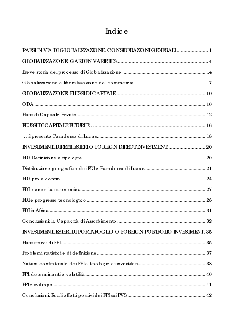 Indice della tesi: Flussi di Capitali verso i Paesi in Via di Sviluppo nell'era della Nuova Globalizzazione, Pagina 1