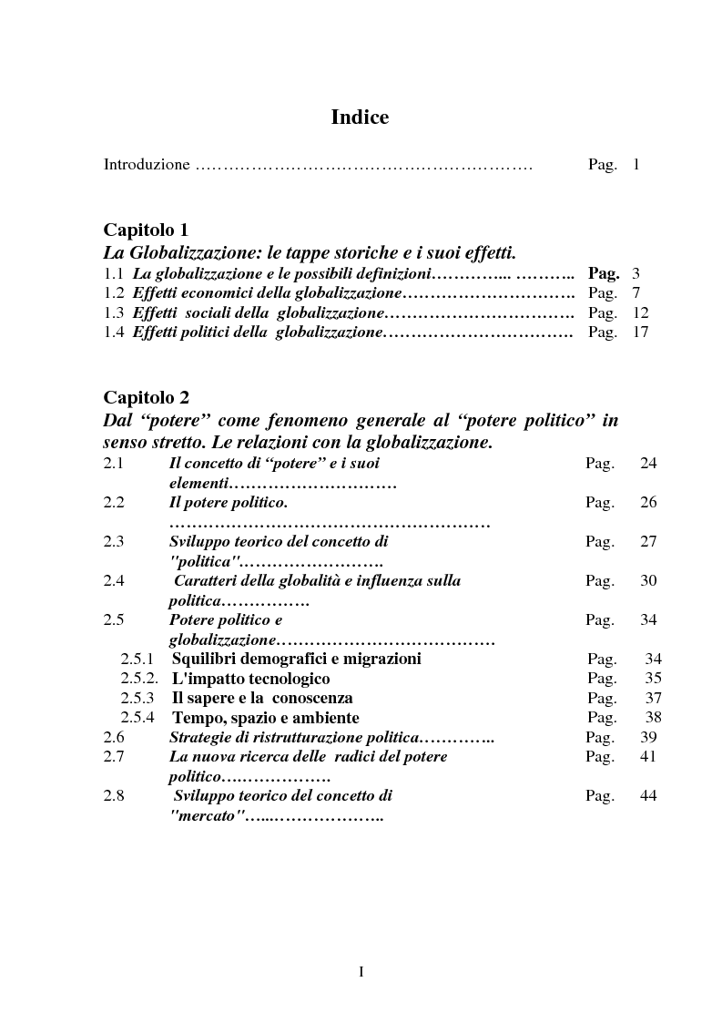 Indice della tesi: Il rapporto tra potere politico e potere economico nella società globale, Pagina 1