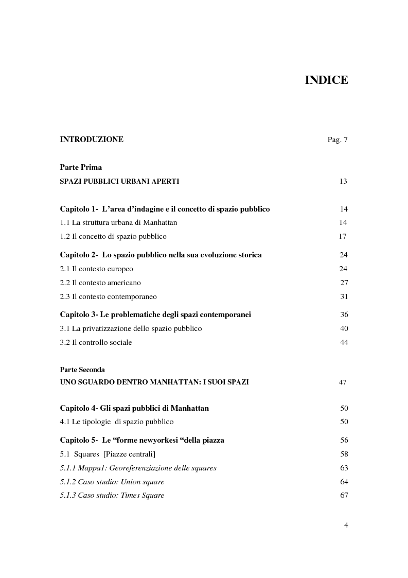 Indice della tesi: Alla ricerca delle piazze nella capitale del grattacielo. Manhattan: un'analisi degli spazi pubblici contemporanei., Pagina 1