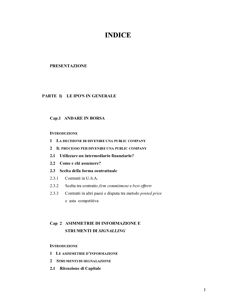 Indice della tesi: Modelli teorici e analisi empiriche sulle Ipo: il caso italiano, Pagina 1