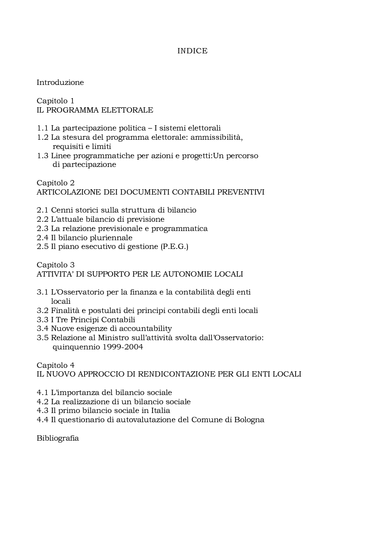 Indice della tesi: L'azione strategica degli enti locali: dal programma elettorale al piano esecutivo di gestione, Pagina 1