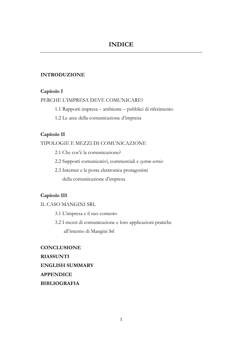 Indice della tesi: Tecnologie informatiche e posta elettronica nella comunicazione d'impresa: il caso Mangini Srl, Pagina 1