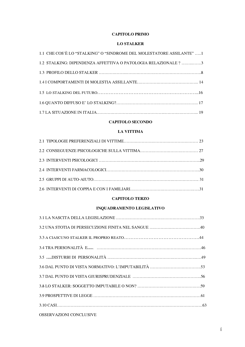Indice della tesi: Stalking: autore, vittima e normativa, Pagina 1