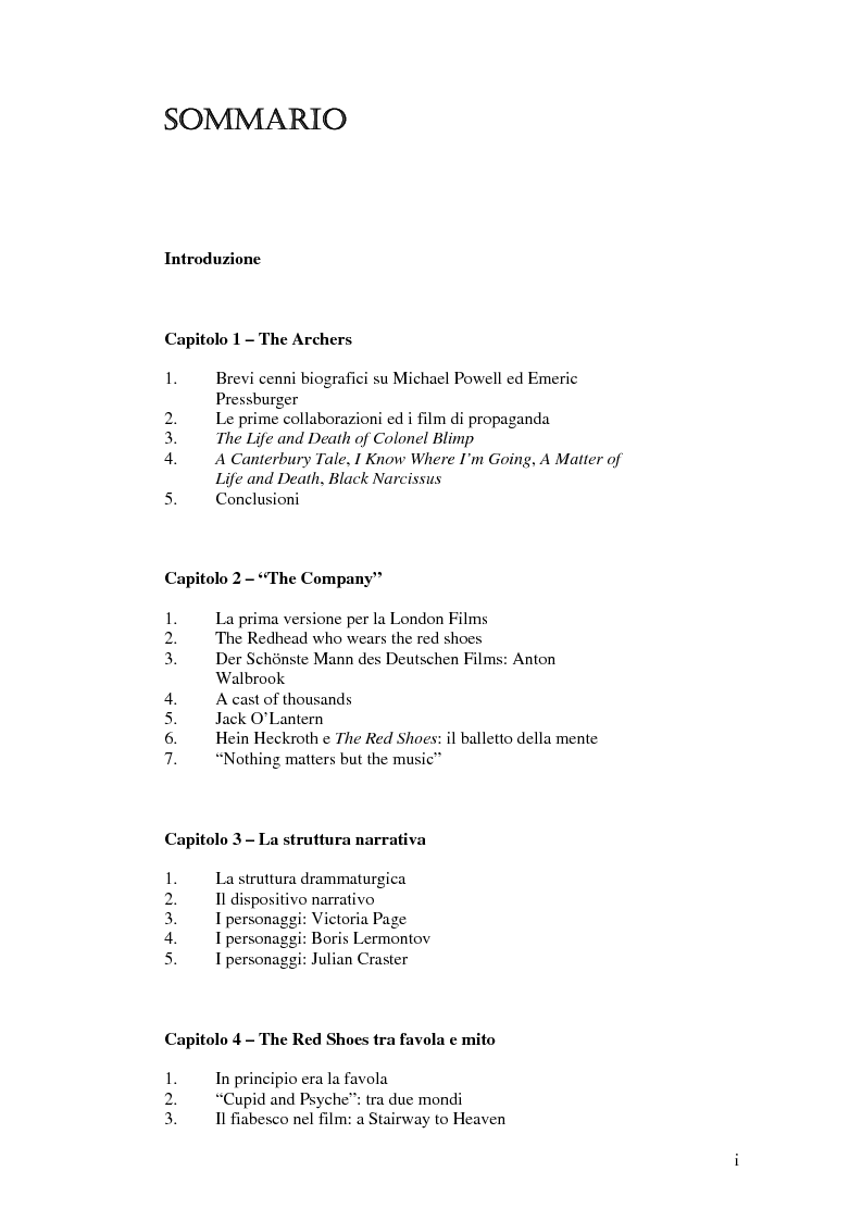 Indice della tesi: "The Red Shoes" - a production of The Archers, Pagina 1