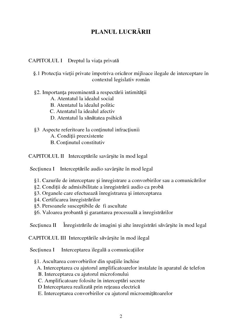 Indice della tesi: Incalcarea dreptului la viata privata prin interceptarea de imagini si sunete, Pagina 1