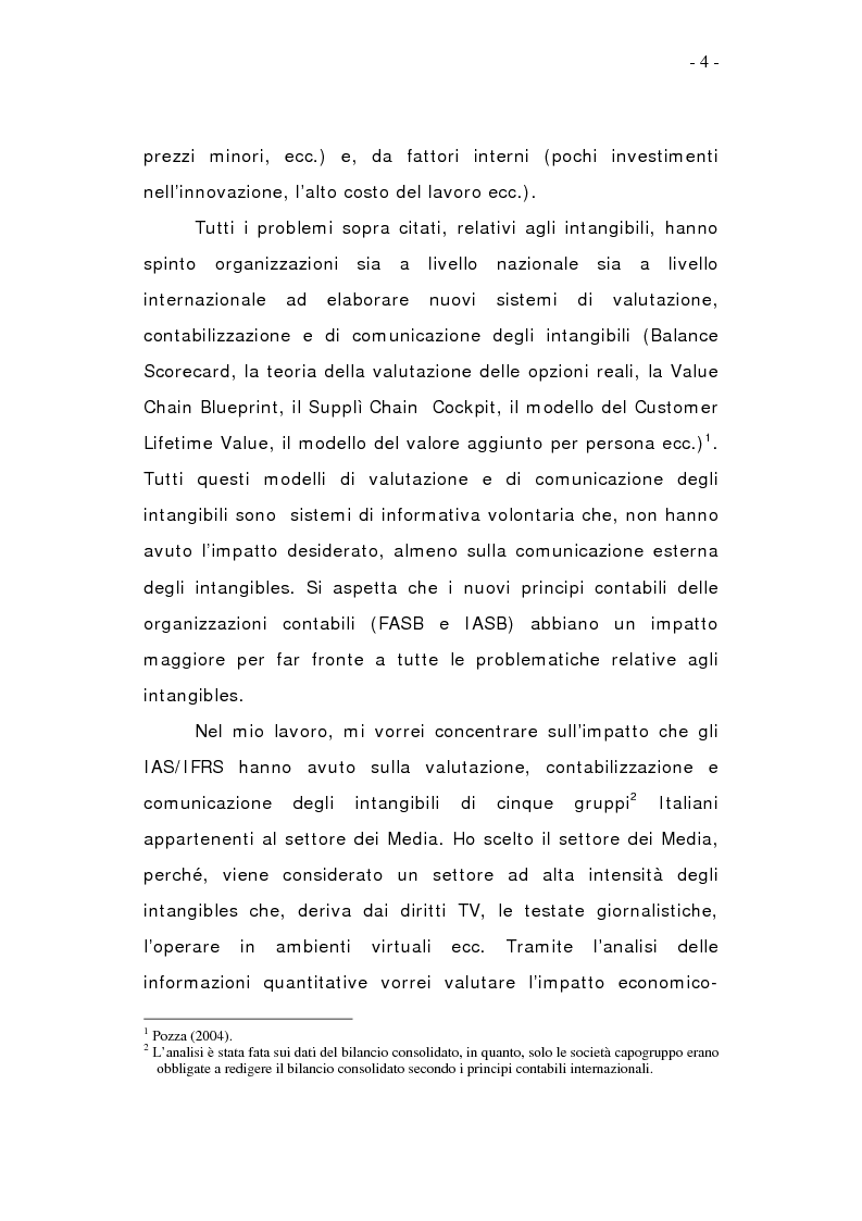 Anteprima della tesi: Impatto degli IAS/IFRS sulla valutazione, contabilizzazione e comunicazione degli intangibles: analisi settore dei media, Pagina 4