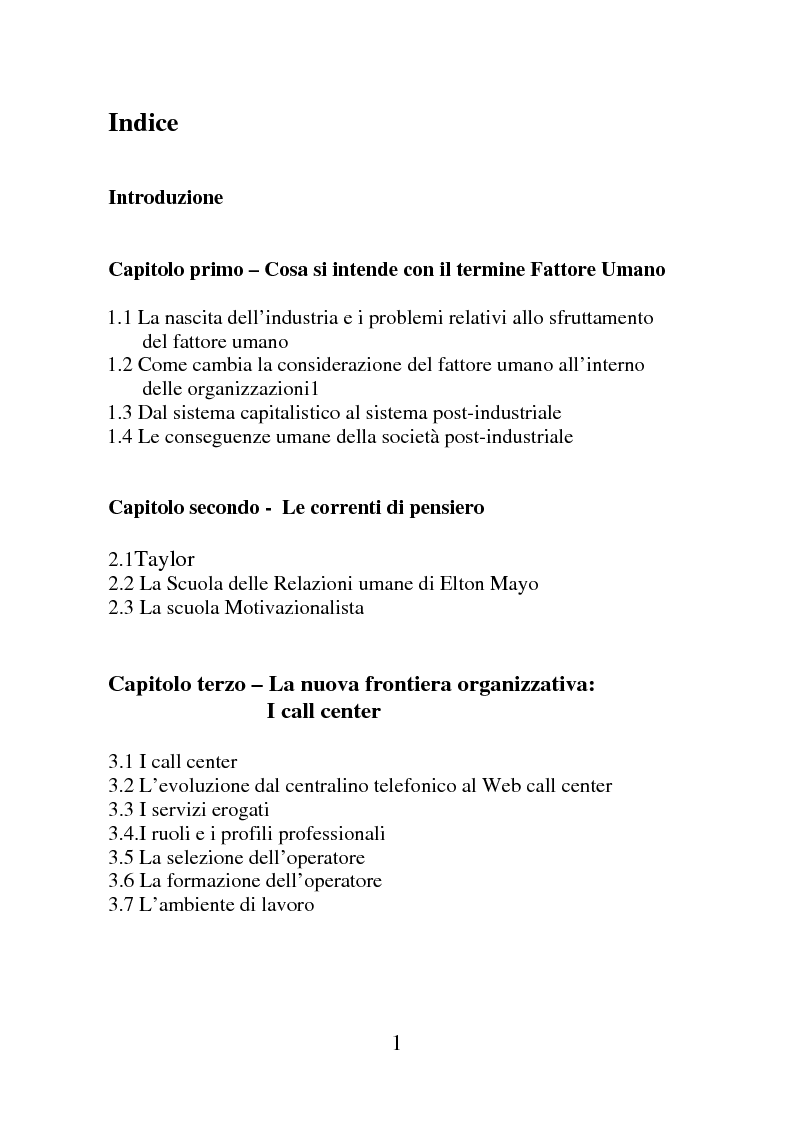 Indice della tesi: Il fattore umano nei call center, Pagina 1