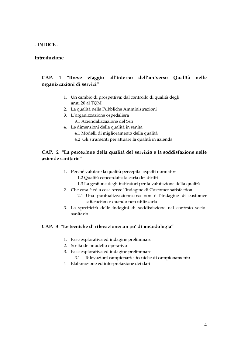 Indice della tesi: Indagine sperimentale di qualità percepita. Un confronto fra gruppi di pazienti di unità di terapia intensiva VS terapia subintensiva, Pagina 1