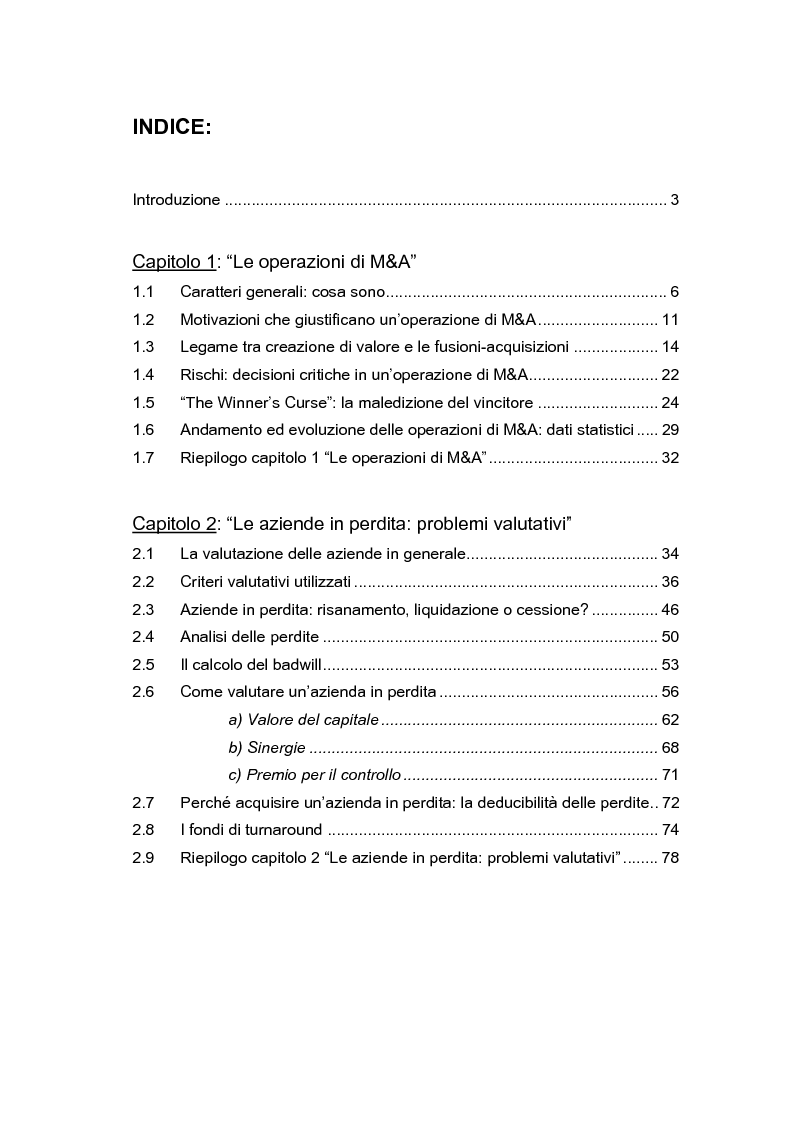Indice della tesi: La valutazione delle aziende in perdita nei processi di M&A, Pagina 1