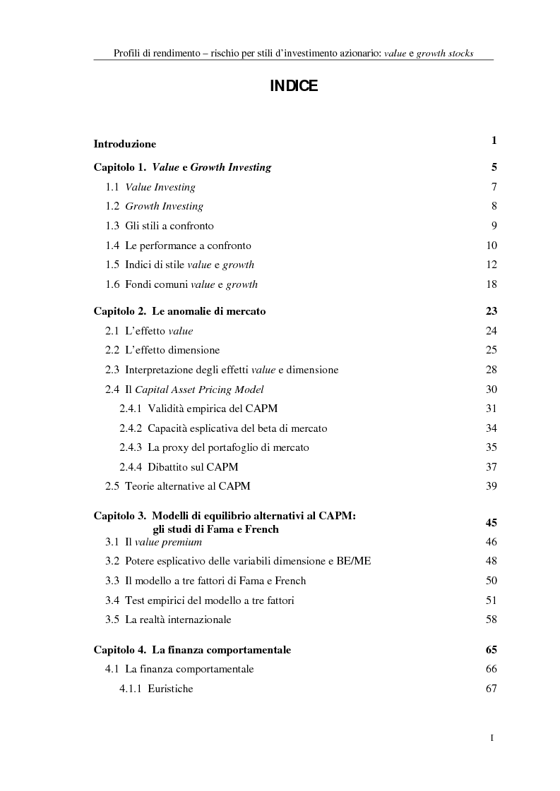 Indice della tesi: Profili di rendimento - rischio per stili d'investimento azionario: value e growth stocks, Pagina 1