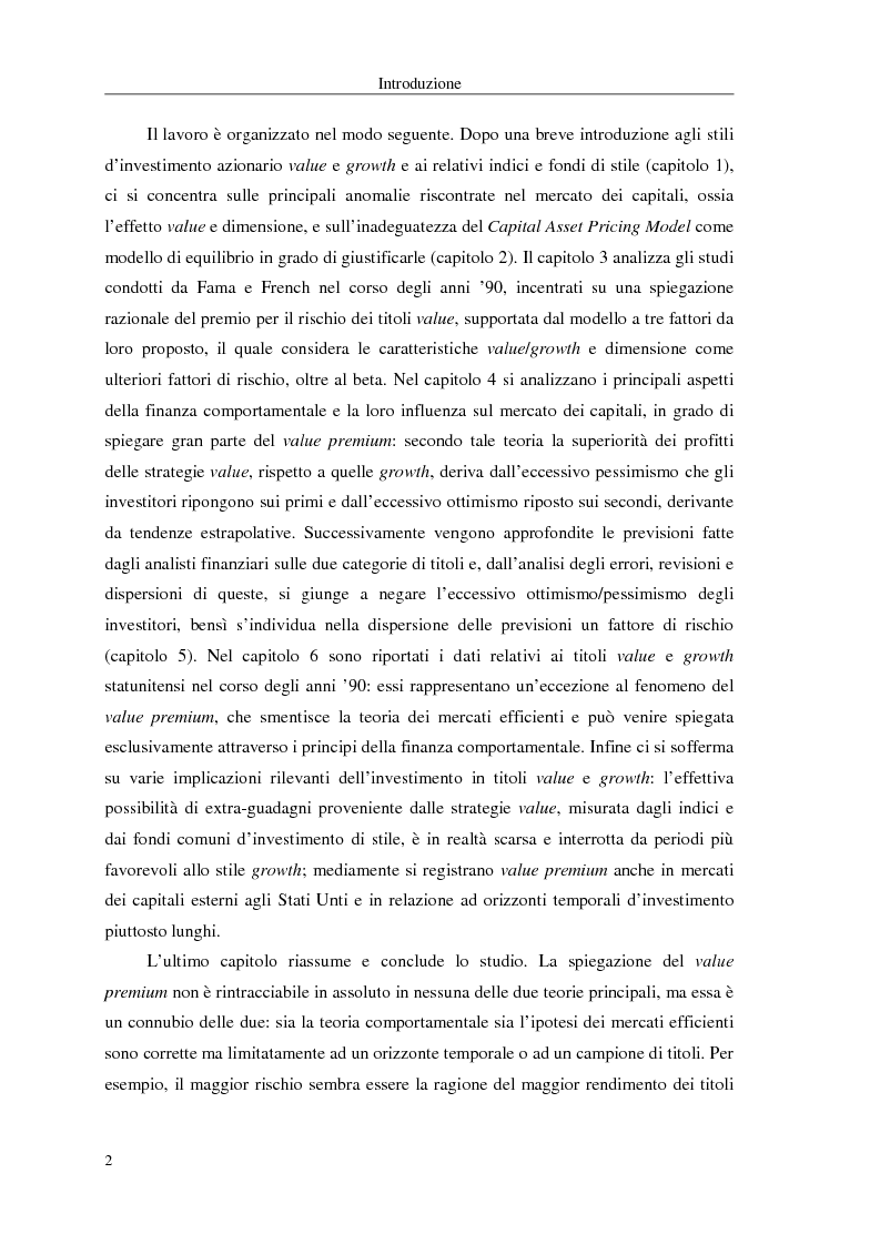 Anteprima della tesi: Profili di rendimento - rischio per stili d'investimento azionario: value e growth stocks, Pagina 2