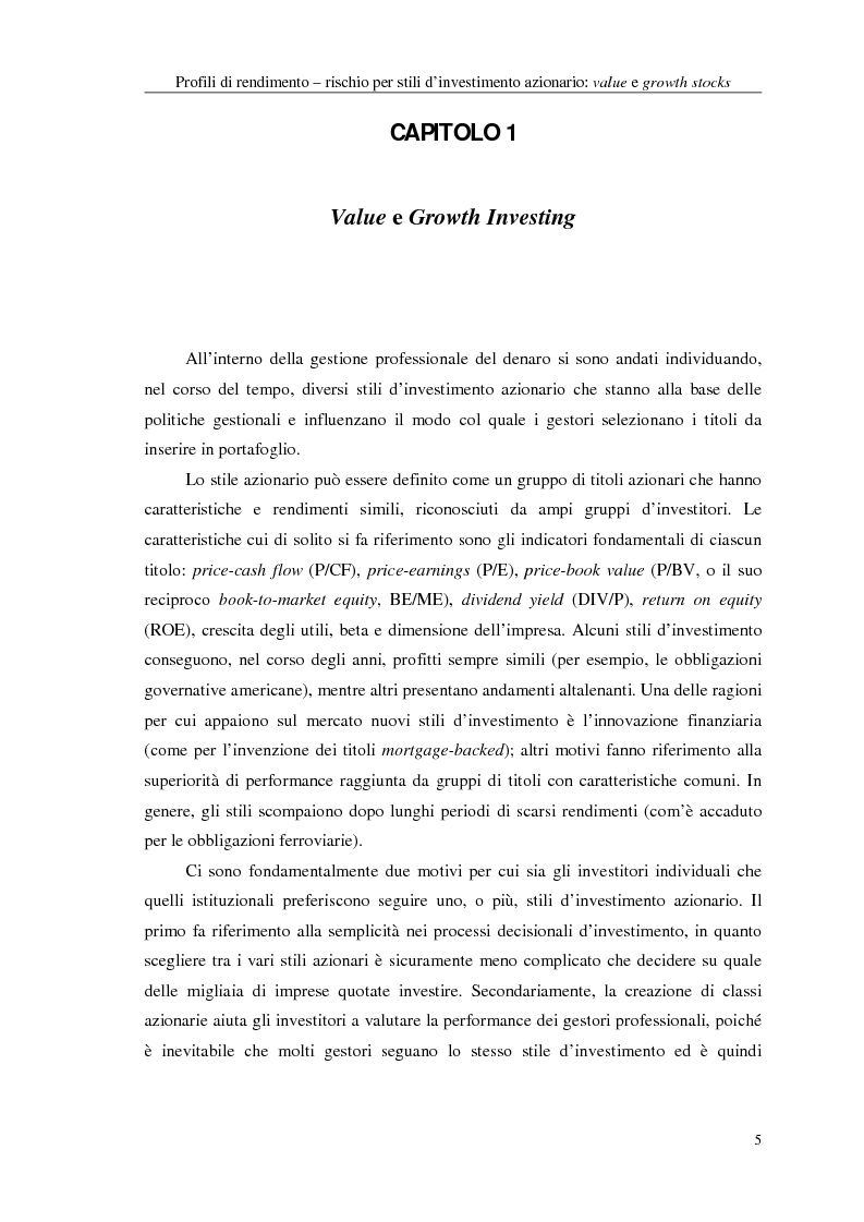 Anteprima della tesi: Profili di rendimento - rischio per stili d'investimento azionario: value e growth stocks, Pagina 5