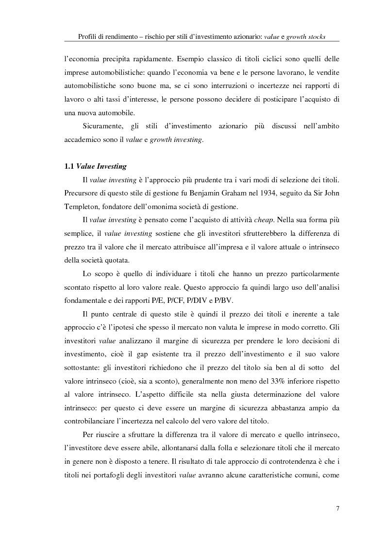 Anteprima della tesi: Profili di rendimento - rischio per stili d'investimento azionario: value e growth stocks, Pagina 7